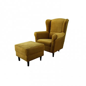 Křeslo ušák, s taburetem, látka hořčicová, ASTRID