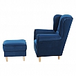 Křeslo ušák, s taburetem, látka modrá, ASTRID